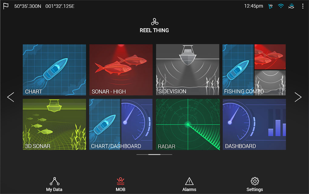 Navigationsbildschirm mit Karten, Sonar, Radar und Dashboard-Optionen für Bootsfahrer und Angler.