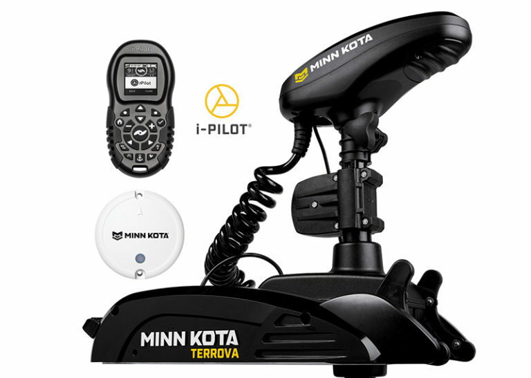 Minn Kota Terrova Motor mit i-Pilot Fernbedienung und Sensor, ideal für präzise Bootssteuerung und Navigation.