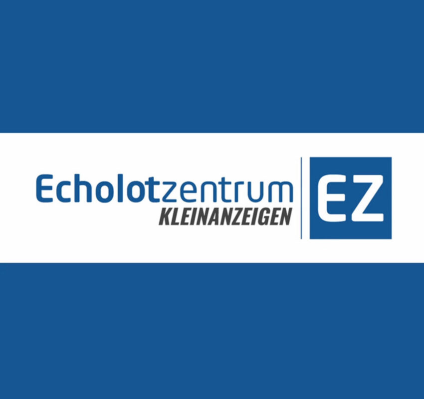Logo mit blauer Schrift Echolotzentrum Kleinanzeigen und EZ in einem blauen Kasten auf weißem Hintergrund.