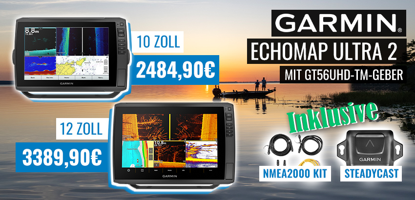 Zwei Garmin Echomap-Ultra-2-Geräte am See, 10 und 12 Zoll, Preise und Zubehör inklusive: NMEA2000 Kit, SteadyCast.