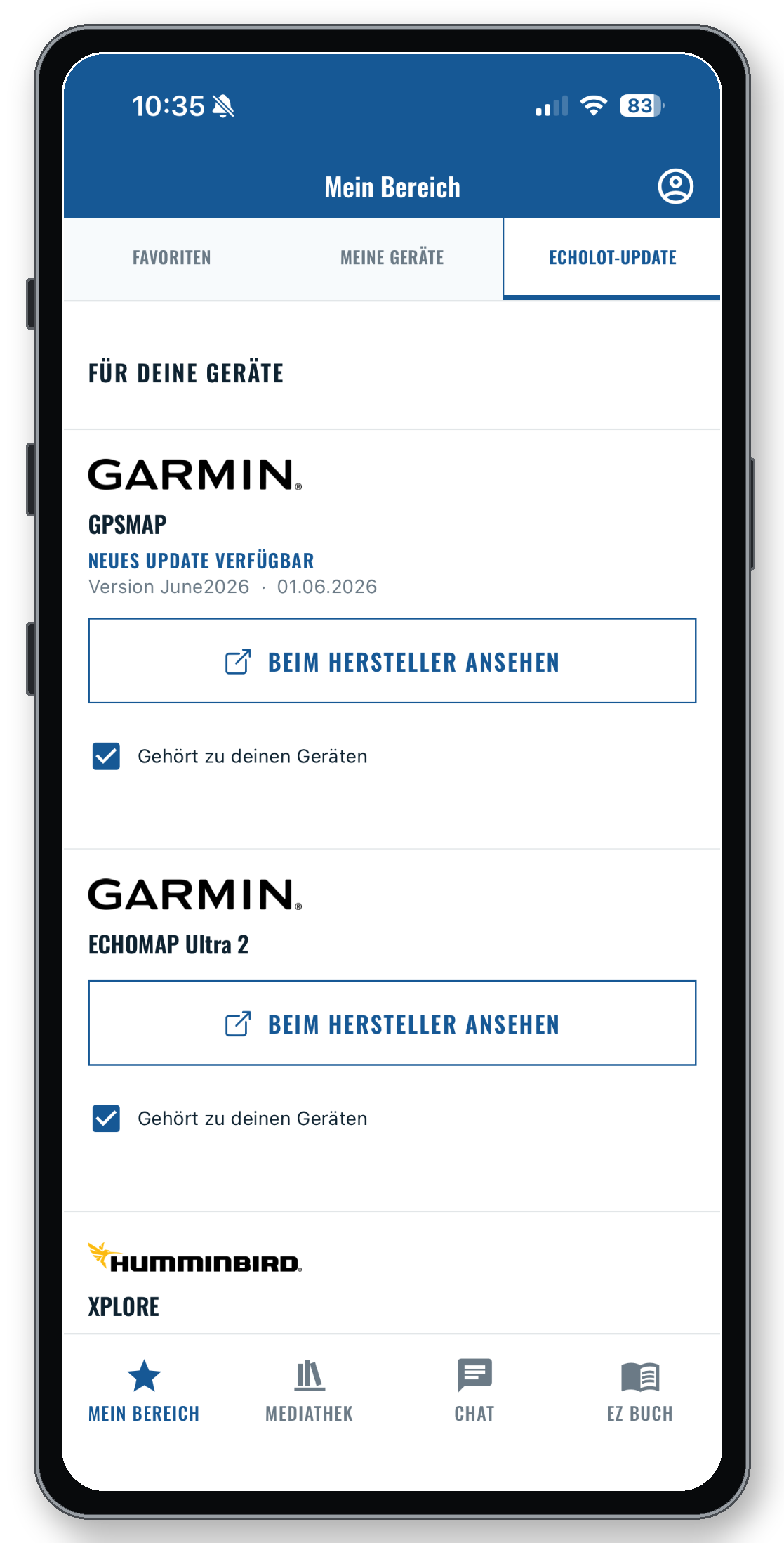 Der Bereich Echolot-Update in der App