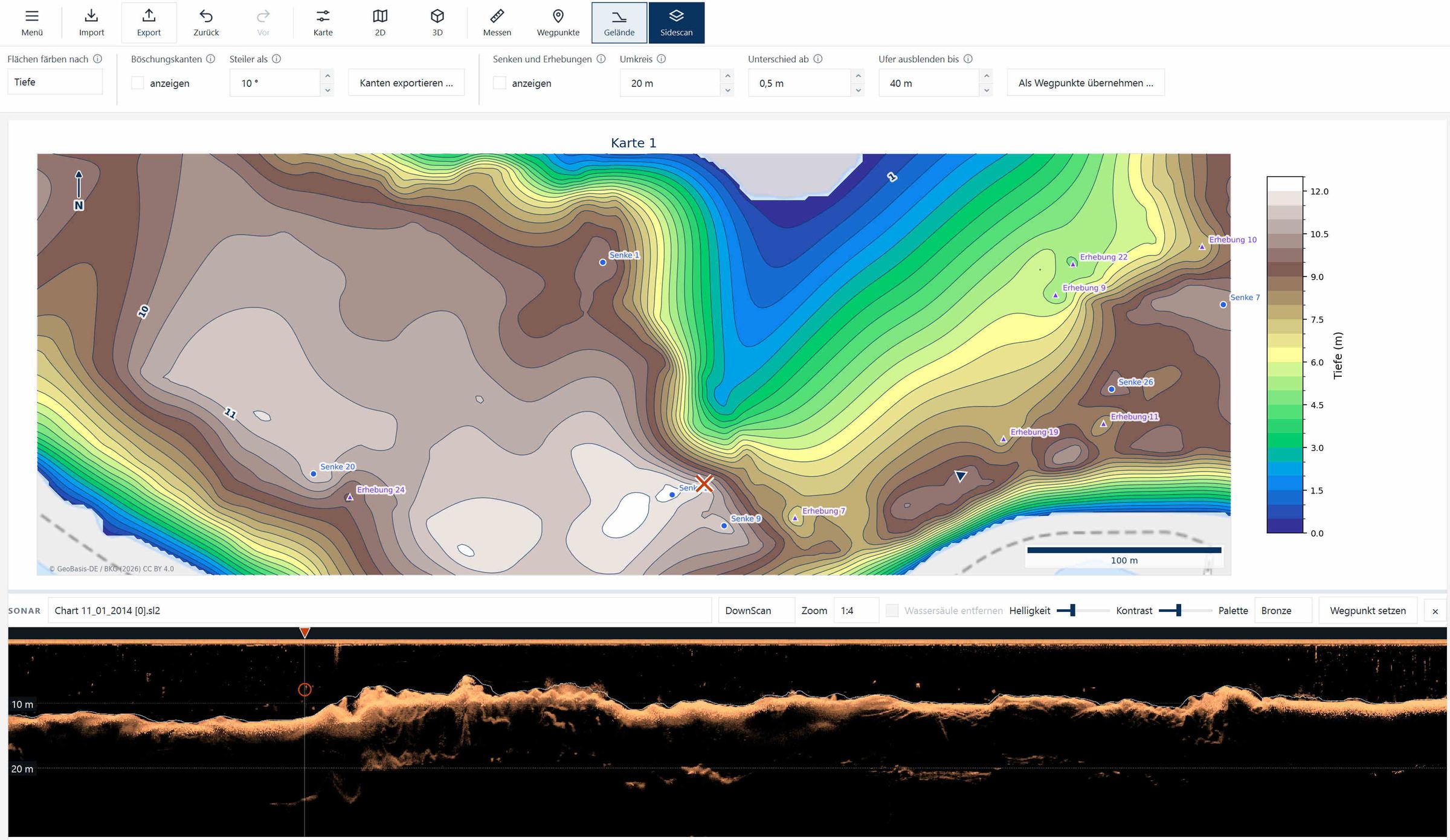 SonarMapper: Down Sonar im Sonar-Viewer unter der Tiefenkarte